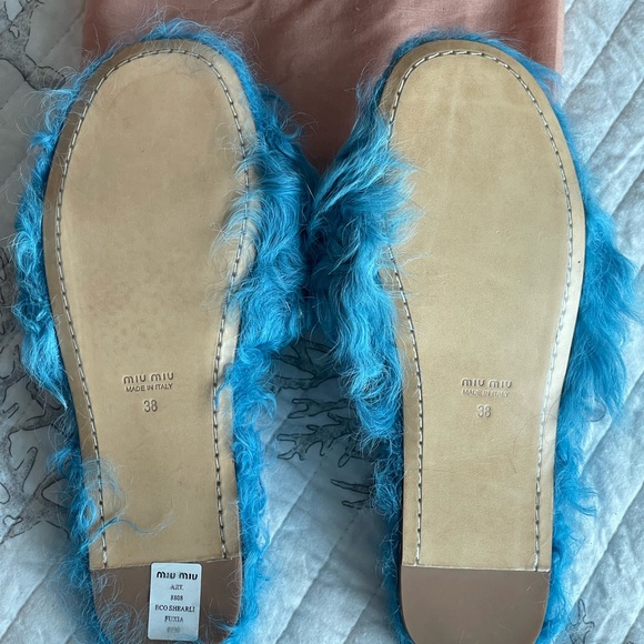 Miu Miu Blue Furry Pearl Embellished Slippers - Picture 7 of 7